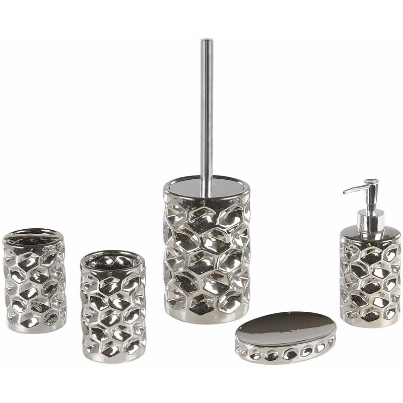 foto del prodotto set di 5 accessori bagno in ceramica argento portasapone dispenser bicchiere e portascopino tirua