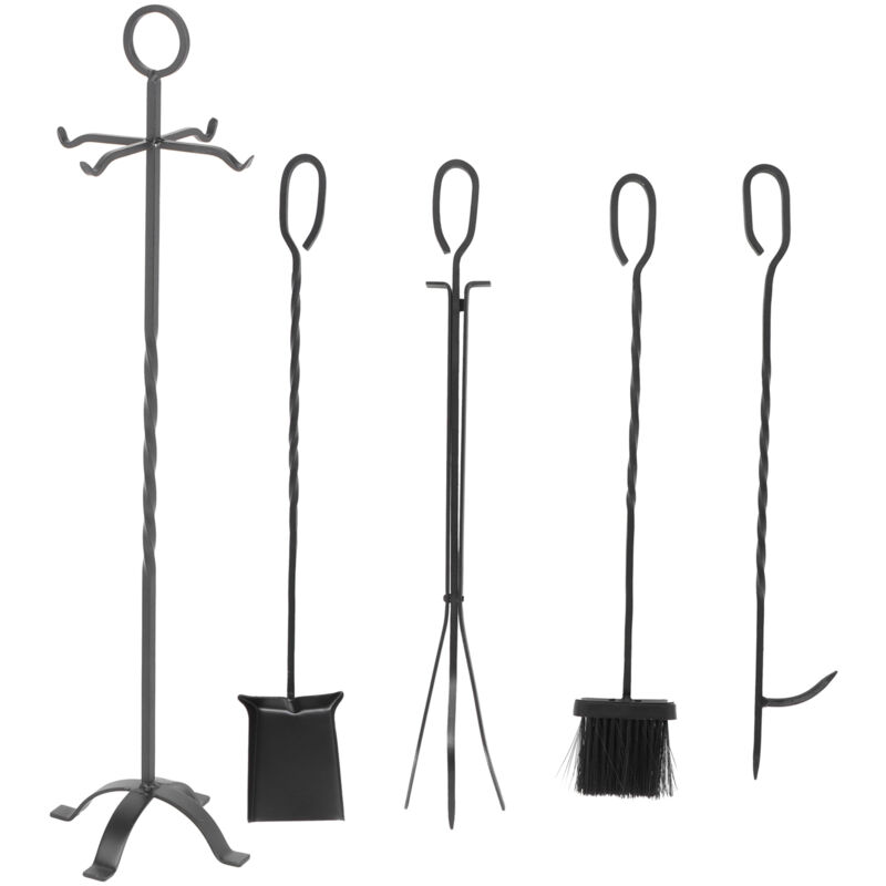 foto del prodotto set di 5 attrezzi per caminetto, spazzole in ferro battuto, pinze per pala, attizzatoio con accessori per supporto
