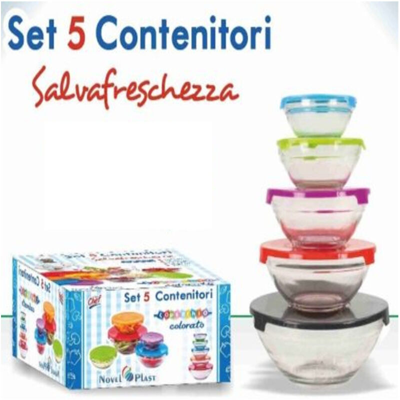 foto del prodotto set di 5 contenitori frigo vetro per alimenti con coperchio colorato trade shop traesio
