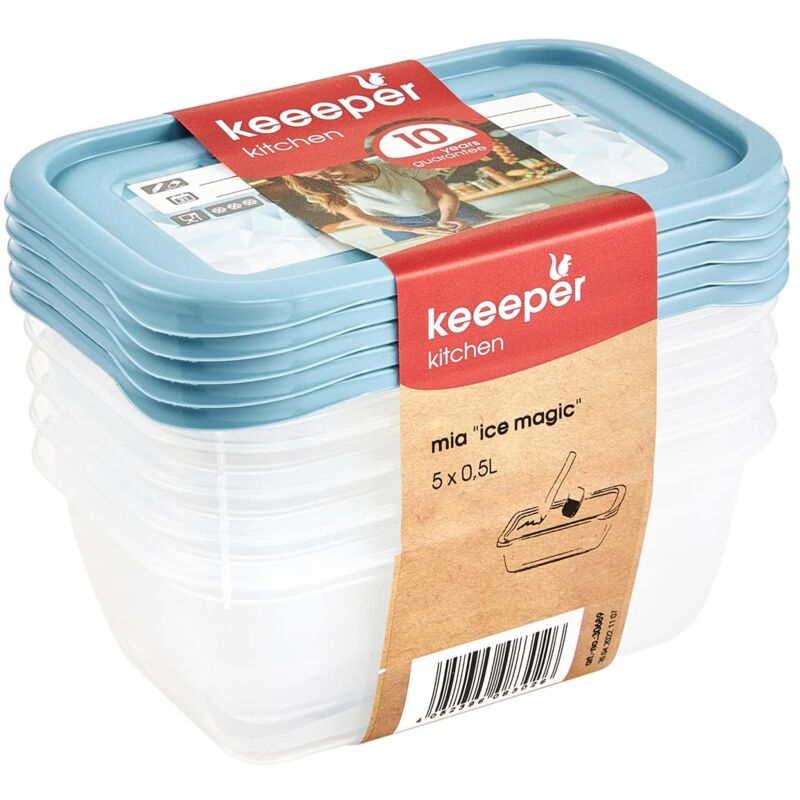 foto del prodotto set di 5 contenitori per congelare alimenti, coperchio su cui scrivere, 5 x 500 ml, 15,5 x 10,5 x 6 cm, mia magic ice, nordic blue blu keeeper