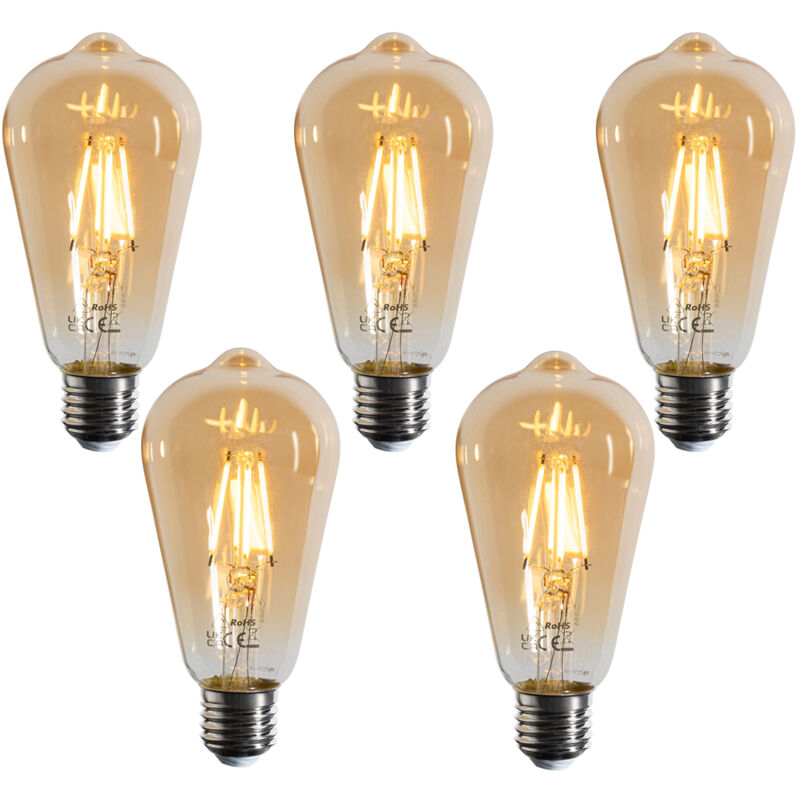 foto del prodotto set di 5 lampadine a filamento led e27 dimmerabili st64 oro 4,5w 450 lm 2200k luedd