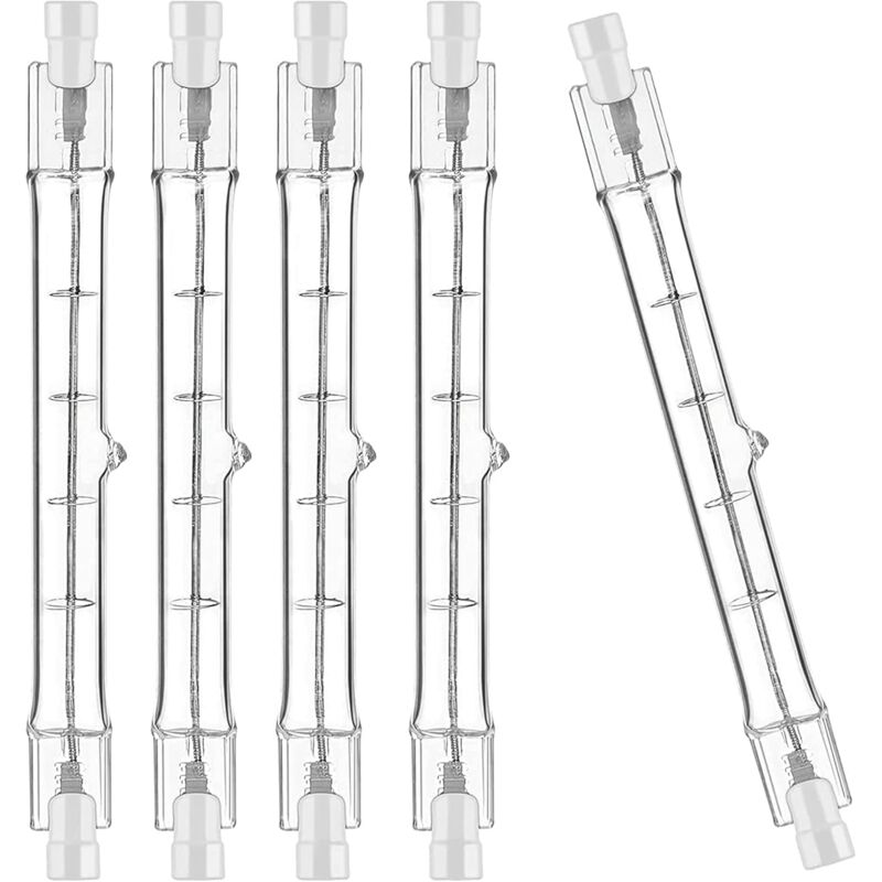 foto del prodotto set di 5 lampadine alogene r7s da 118 mm, 200 w 230 v, asta alogena r7s da 118 mm, lampadina alogena r7s, lampada a asta alogena dimmerabile per