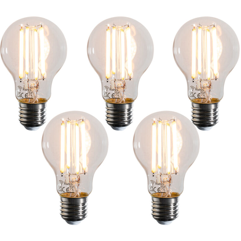 foto del prodotto set di 5 lampadine led e27 smart dimmerabili in kelvin a60 trasparenti 7w 806 lm 1800 3000k luedd