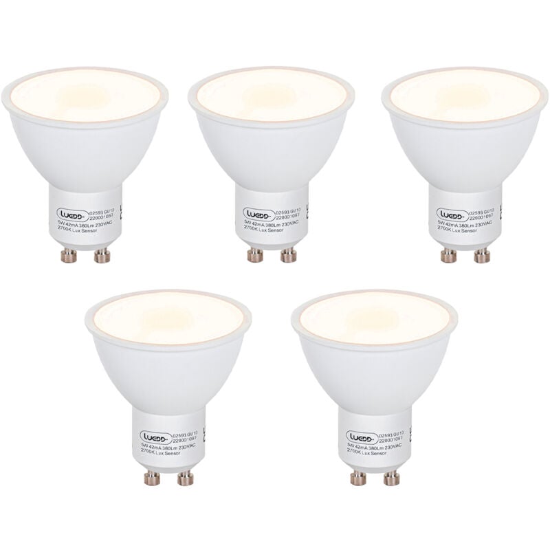 foto del prodotto set di 5 lampadine led gu10 con sensore crepuscolare 5w 380lm 2700k luedd