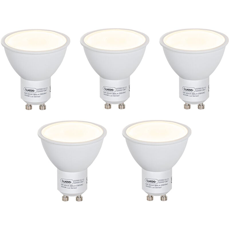 foto del prodotto set di 5 lampadine led gu10 con sensore crepuscolare 5w 380lm 3000k luedd