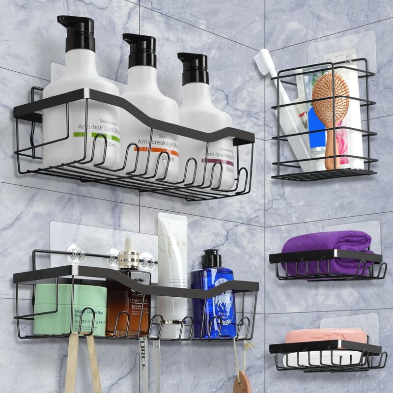 foto del prodotto set di 5 mensole e ganci per doccia, senza foratura, mensole da parete autoadesive, portaoggetti per il bagno, porta shampoo per doccia, nero