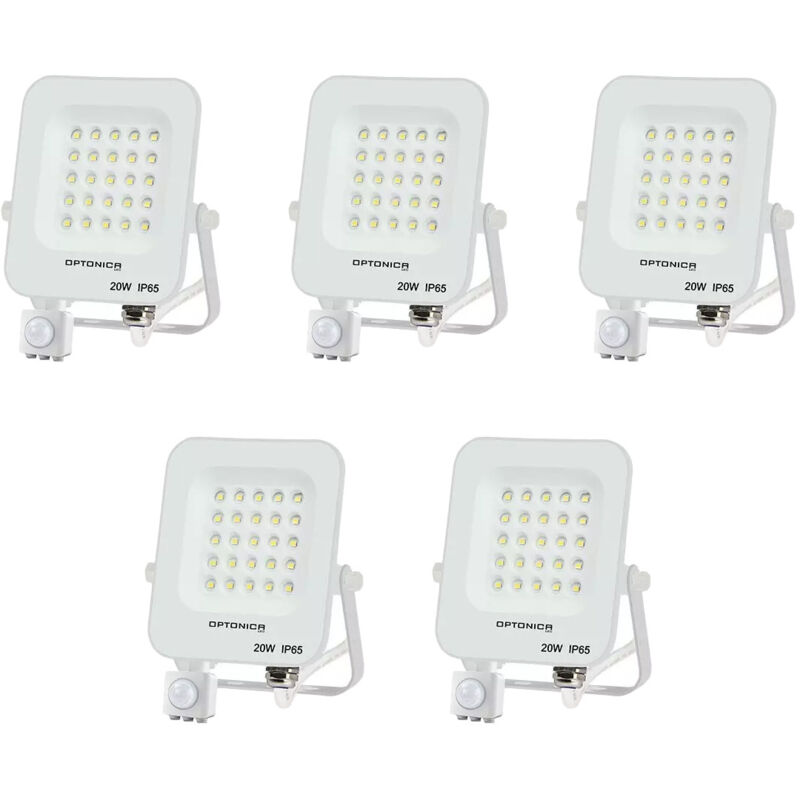 foto del prodotto set di 5 proiettori a led con rilevatore bianco 20w ip65 1800lm impermeabile giorno 6000k