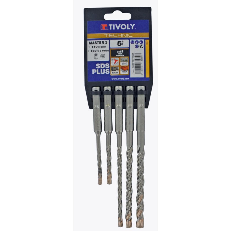 foto del prodotto set di 5 punte sds master 3 technic contenenti 5 6mm l110 e 6 8 10mm l160mm tivoly