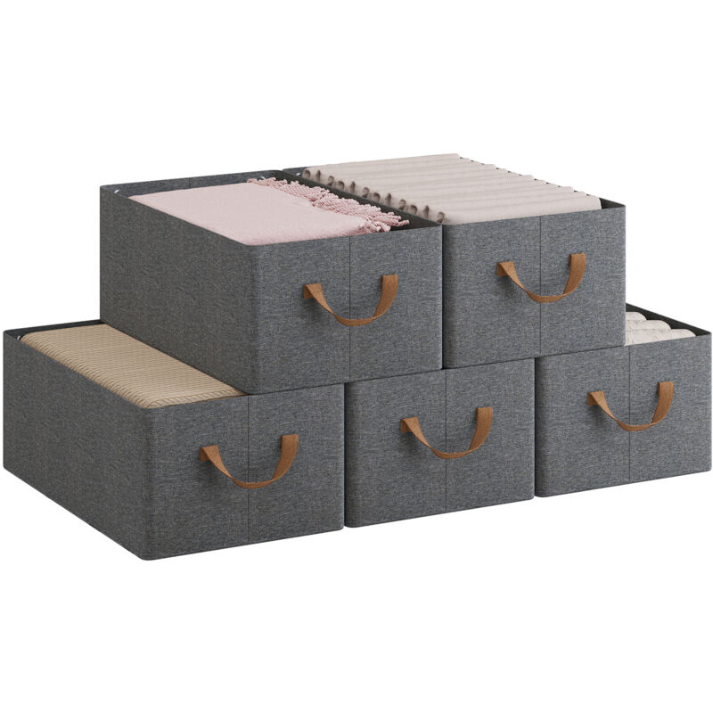 foto del prodotto set di 5 scatole portaoggetti pieghevoli, contenitori in tessuto con manici, 47x28x20 cm, grigio marrone woltu
