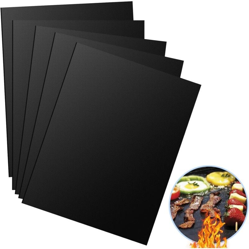 foto del prodotto set di 5 tappetini da cottura antiaderenti per barbecue, 40x30 cm, neri, resistenti al calore, riutilizzabili, lavabili, tagliabili, per barbecue a
