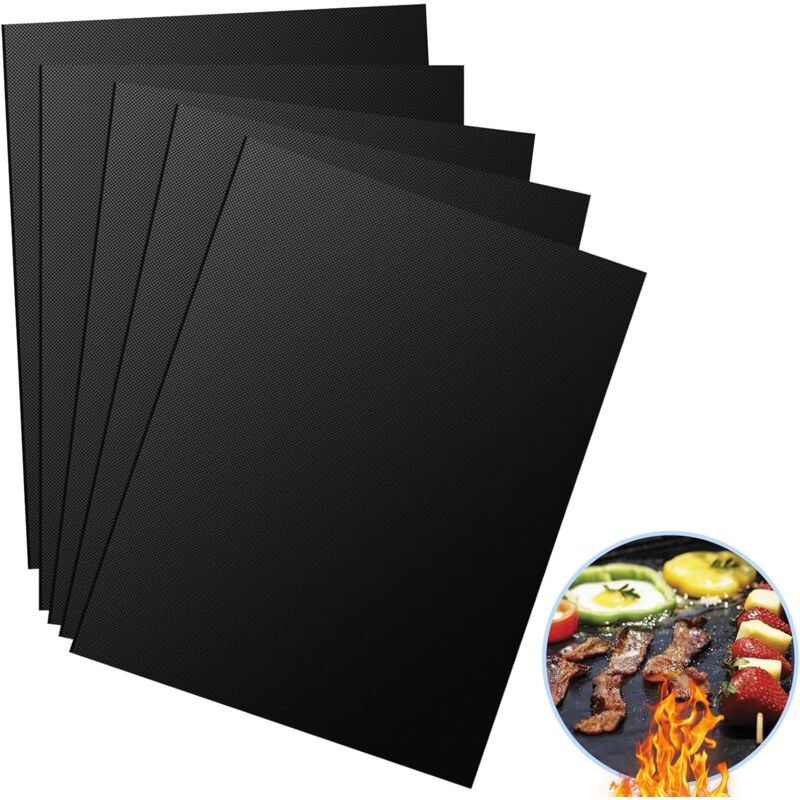 foto del prodotto set di 5 tappetini da cottura antiaderenti per barbecue, 40x33 cm, neri, resistenti al calore, riutilizzabili, lavabili, tagliabili, per barbecue a