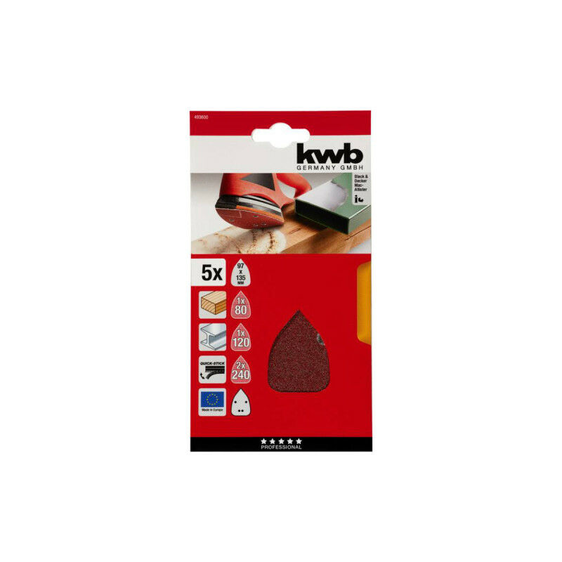 foto del prodotto set di 5 triangoli abrasivi speciali kwb 136 x 96 mm 93 mm grana 80 120 240
