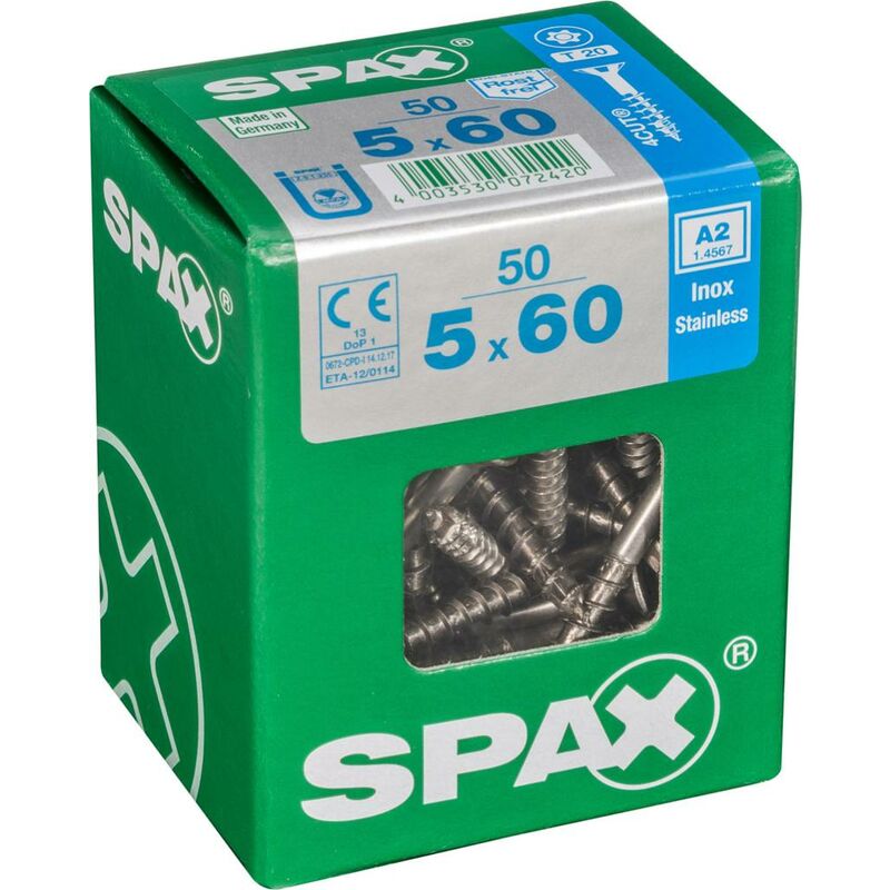 foto del prodotto set di 50 viti spax in acciaio inox testa svasata torx, diam.5 mm x l.60 mm spax