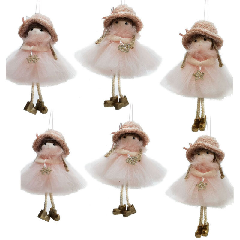 foto del prodotto set di 6 bamboline da appendere all albero di natale con cappello sciarpa pellicciosa rosa gonna in tulle e piedi pensolanti decorazioni natalizie
