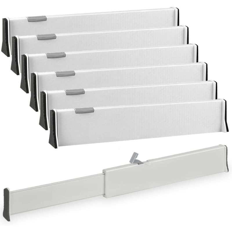 foto del prodotto set di 6 divisori espandibili per cassetti da cucina, altezza 37,8 54 cm, altezza 6 cm, divisori regolabili in plastica per cassetti da cucina,
