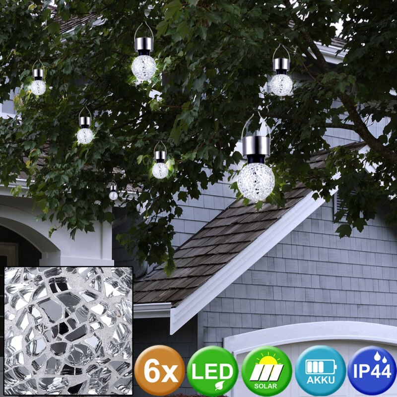 foto del prodotto set di 6 lampade a sospensione solari lampade a sfera da giardino rotonde specchi a mosaico mosaico luci decorative in argento