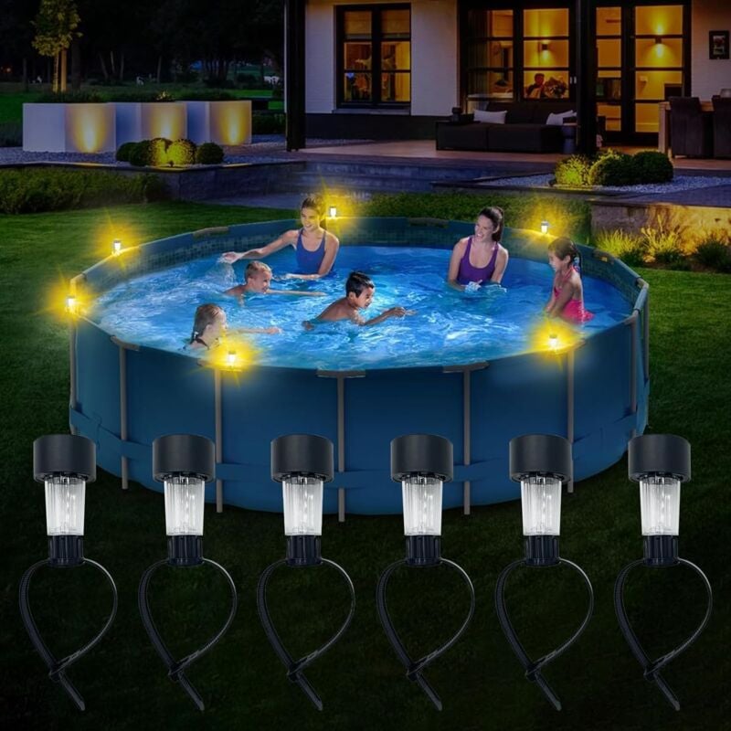 foto del prodotto set di 6 luci solari per esterni da piscina, impermeabili ip44, ideali per vialetti, prati, ponti, patii e piscine.