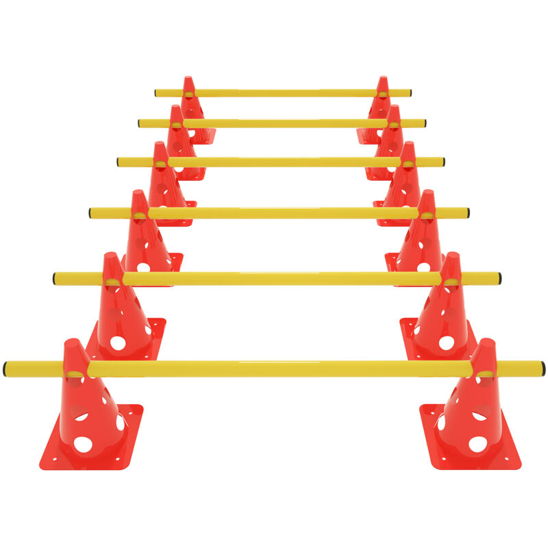 foto del prodotto set di 6 ostacoli, cono da allenamento coordinato ostacoli 12 coni rossi 32 cm 6 pali gialli da 1 m, allenamento agility per bambini cani,
