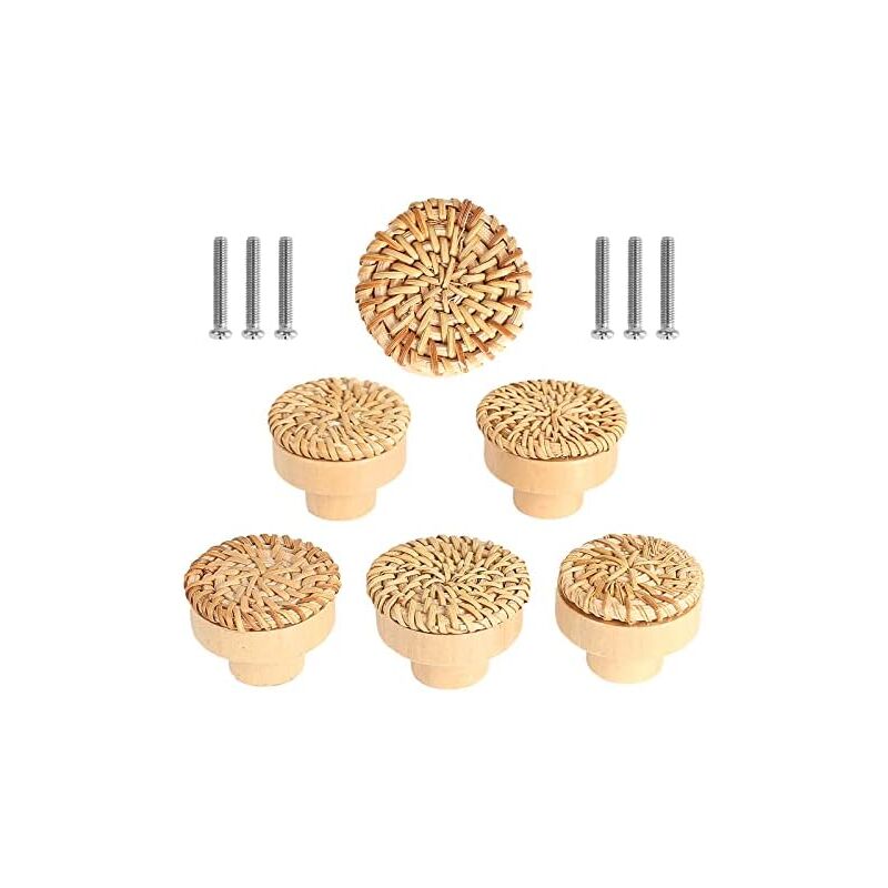 foto del prodotto set di 6 pomelli per mobili in rattan, pomelli per cassetti, pomelli per porte in stile boh mien, maniglie per cassetti in legno rotonde per