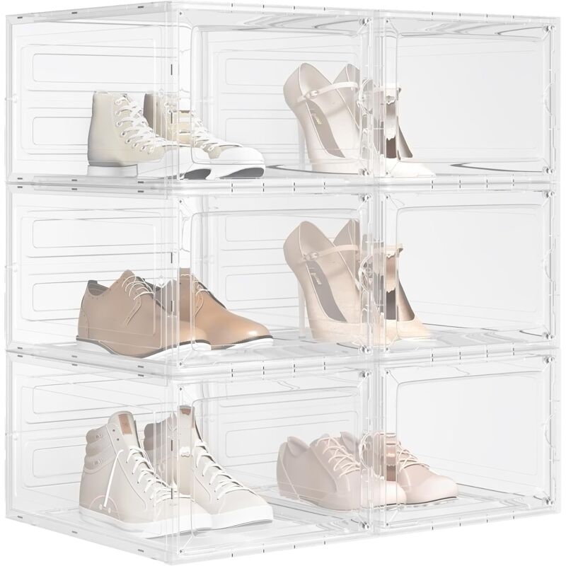 foto del prodotto set di 6 scatole per scarpe trasparenti. portascarpe salvaspazio in plastica con coperchio frontale magnetico. contenitori per scarpe impilabili.