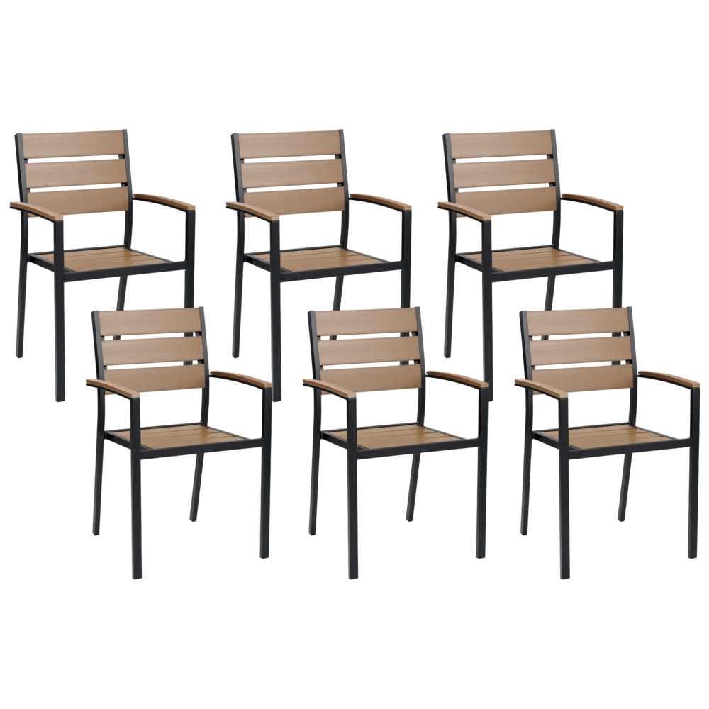 foto del prodotto set di 6 sedie da giardino da pranzo in plastica legno chiaro e nero con schienale a doghe in alluminio anodizzato set di sedie da esterno