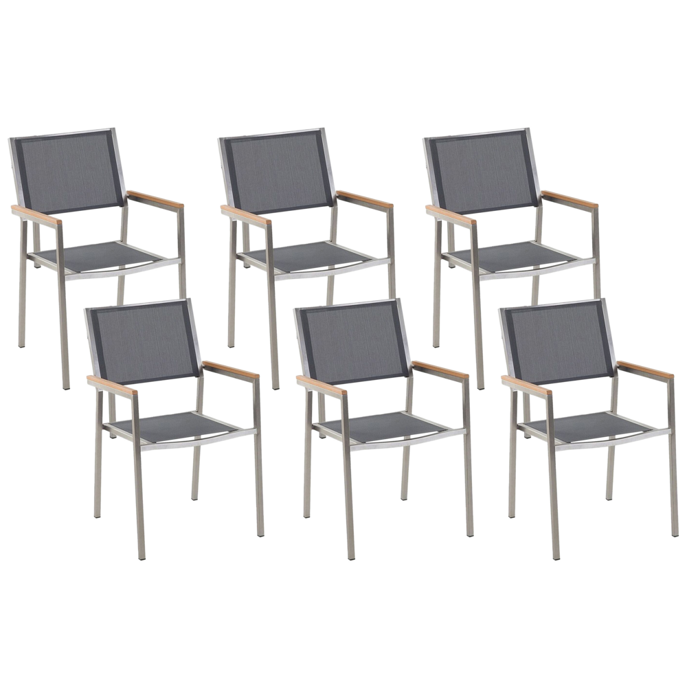 foto del prodotto set di 6 sedie da pranzo da giardino seduta in tessuto grigio e argento gambe in acciaio inox impilabili per esterno
