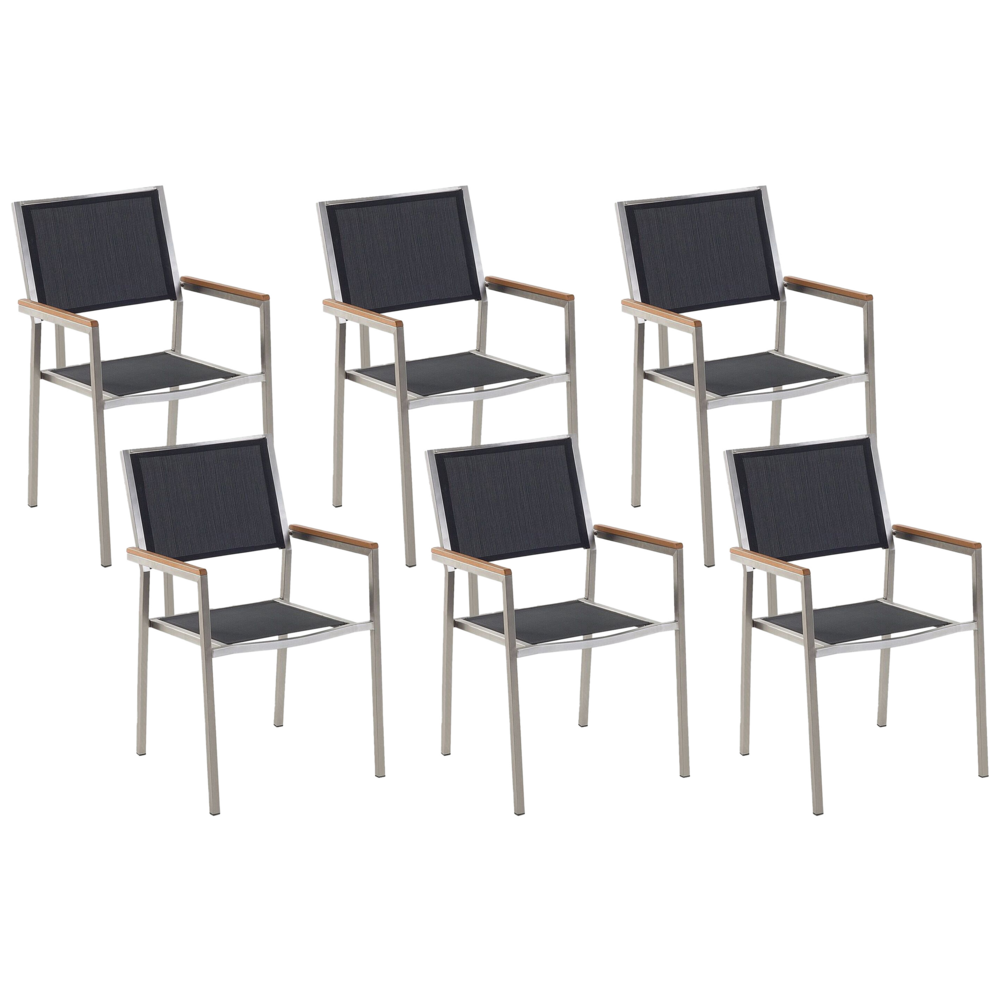 foto del prodotto set di 6 sedie da pranzo da giardino seduta in tessuto nero e argento gambe in acciaio inox impilabili per esterno