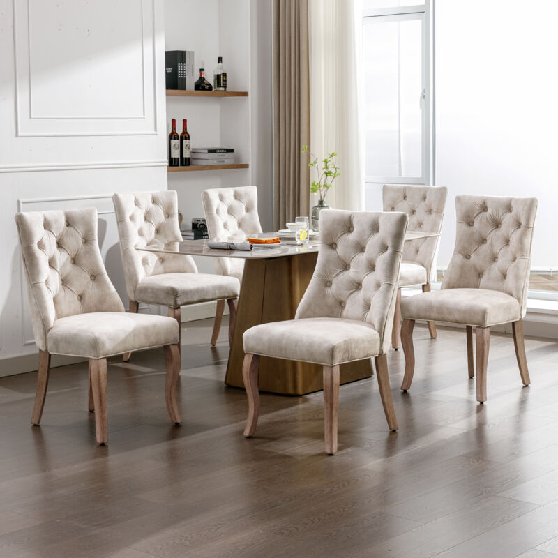 foto del prodotto set di 6 sedie da pranzo in velluto, schienale alto. con trapuntatura a bottoni. struttura in legno, beige chiaro