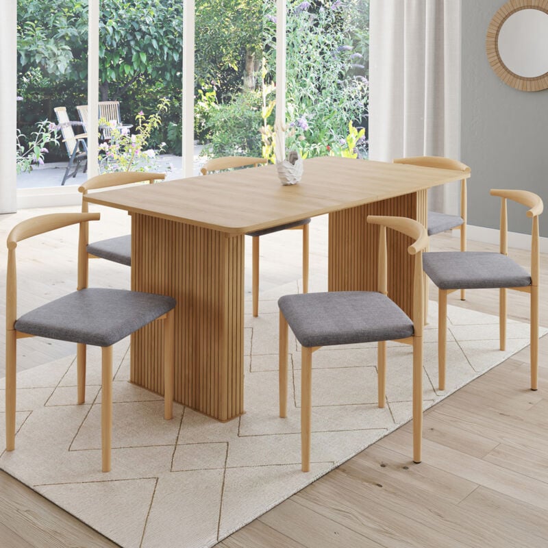 foto del prodotto set di 6 sedie da pranzo noe in finto legno con sedute in tessuto grigio chiaro