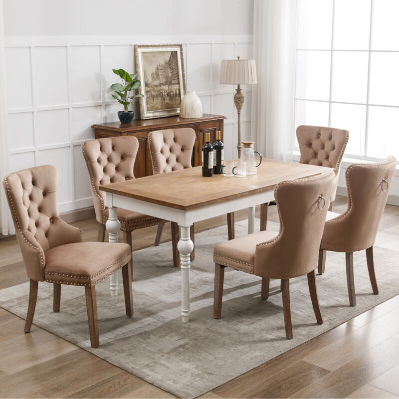 foto del prodotto set di 6 sedie da pranzo. sedia da cucina. in velluto. dimensioni 53,5 x 64 x 95 cm. marrone chiaro