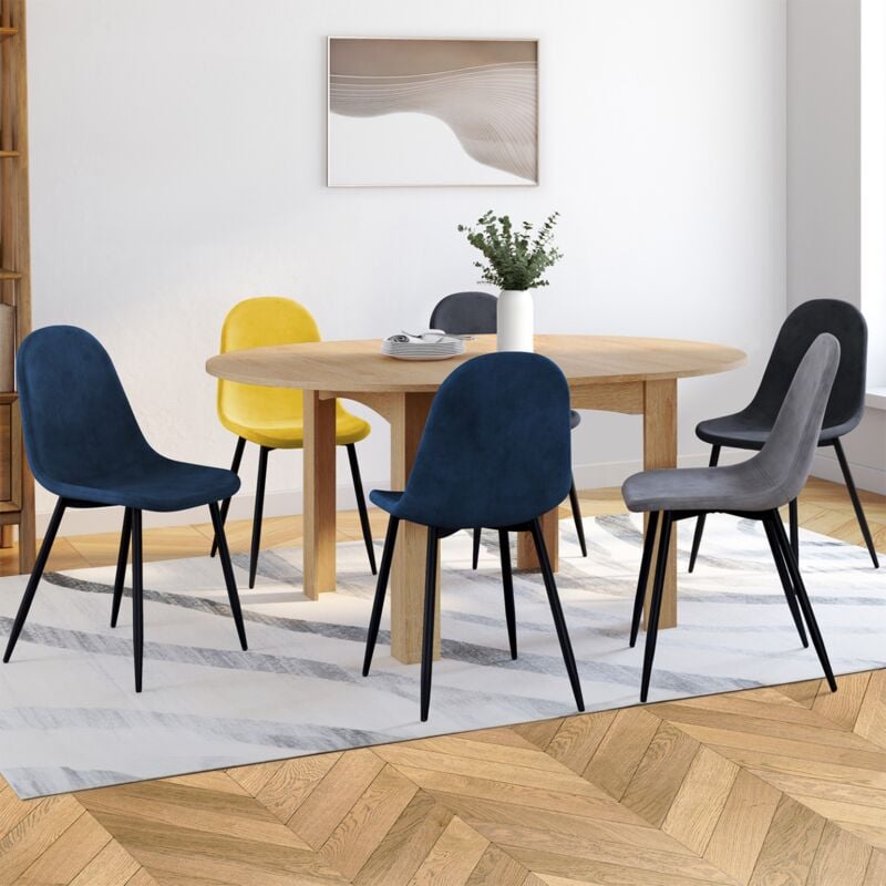 foto del prodotto set di 6 sedie dali in velluto misto blu, grigio scuro, grigio chiaro e giallo