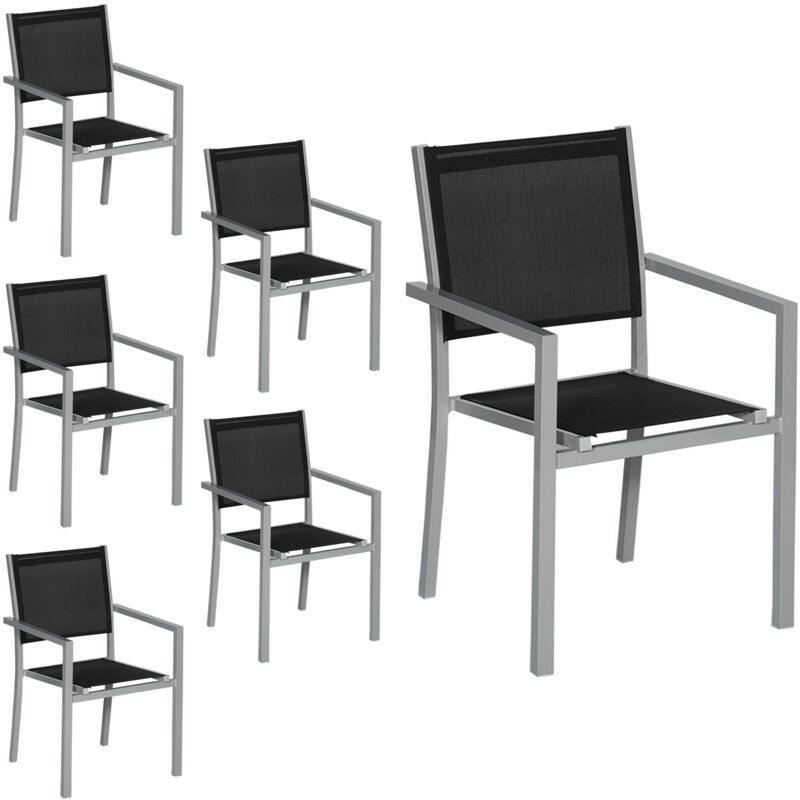 foto del prodotto set di 6 sedie in alluminio grigio textilene nero