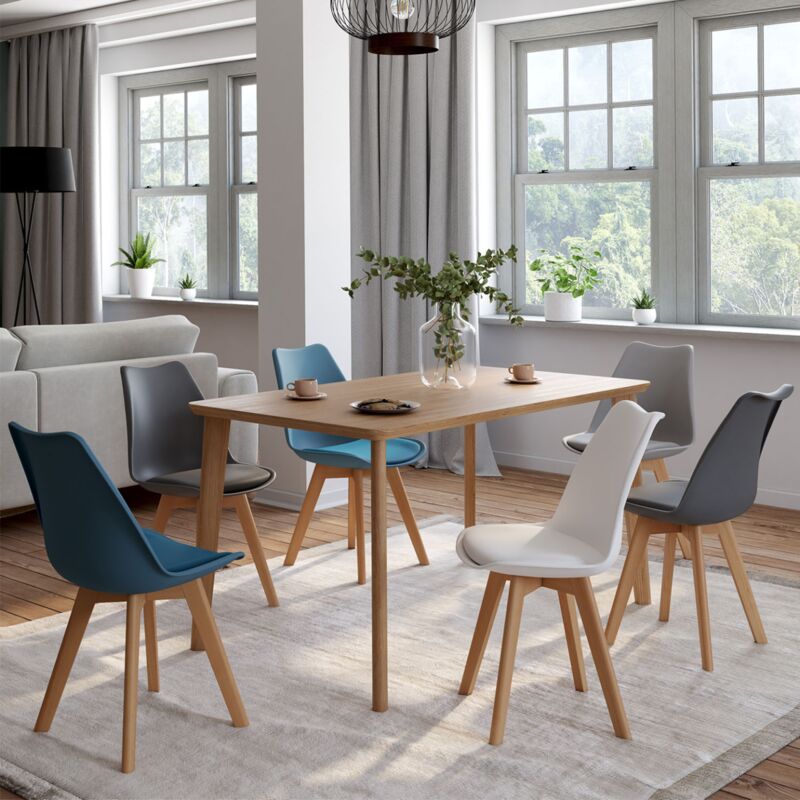 foto del prodotto set di 6 sedie sara mix cromatico bianca, grigio chiaro, 2 blu anatra, 2 grigio scuro