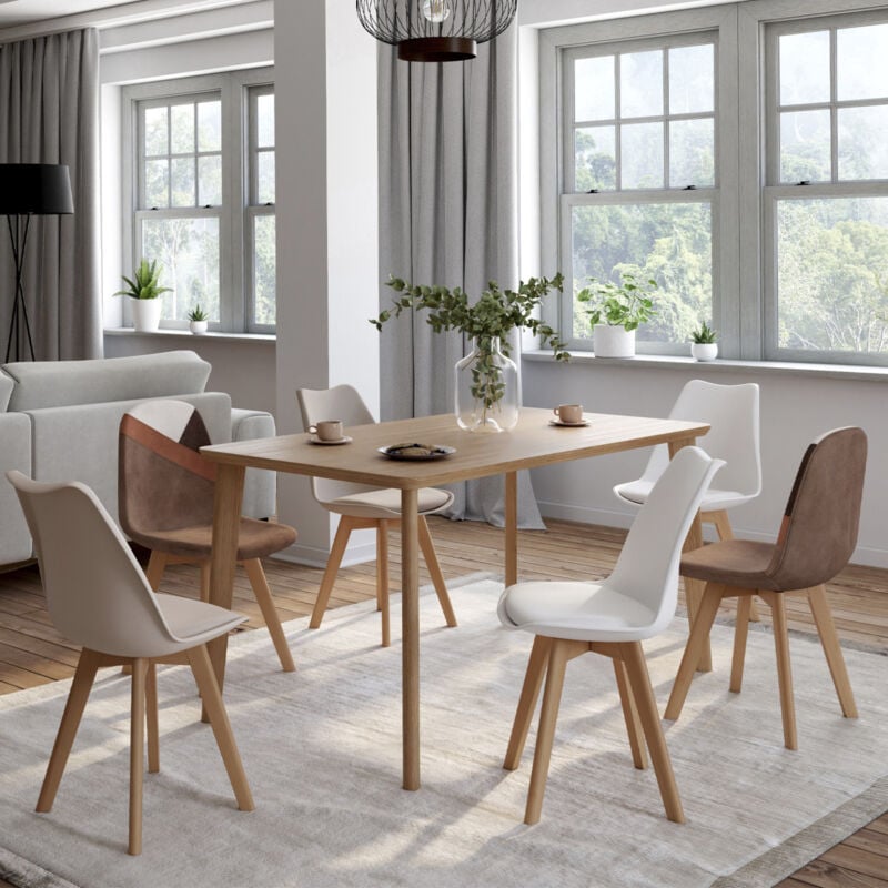 foto del prodotto set di 6 sedie scandinave sara beige e bianche con velluto patchwork marrone e beige
