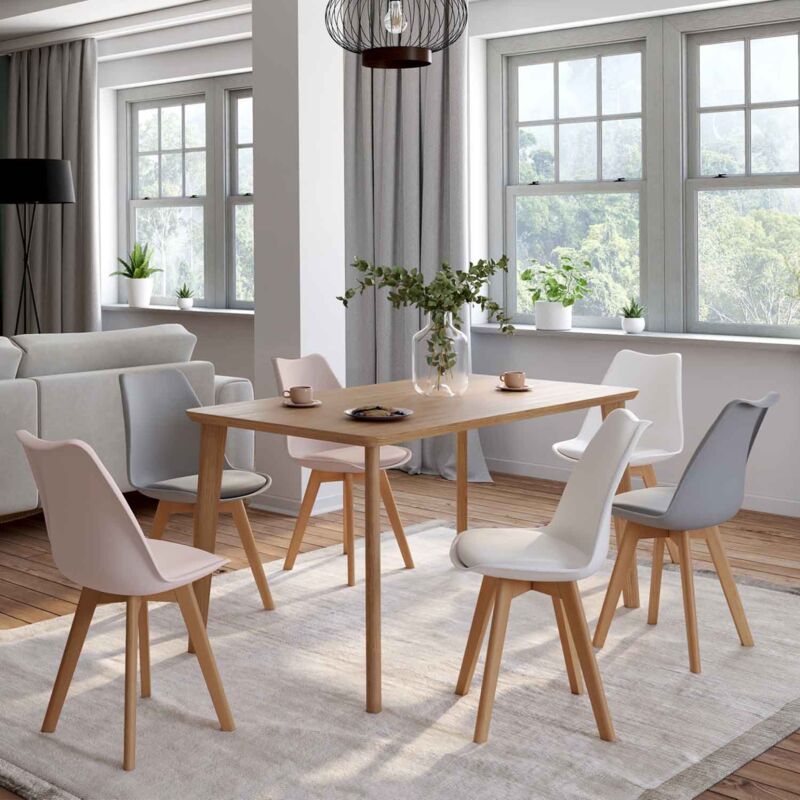 foto del prodotto set di 6 sedie scandinave sara, mix di rosa pastello x2, grigio chiaro x2 e bianco x2