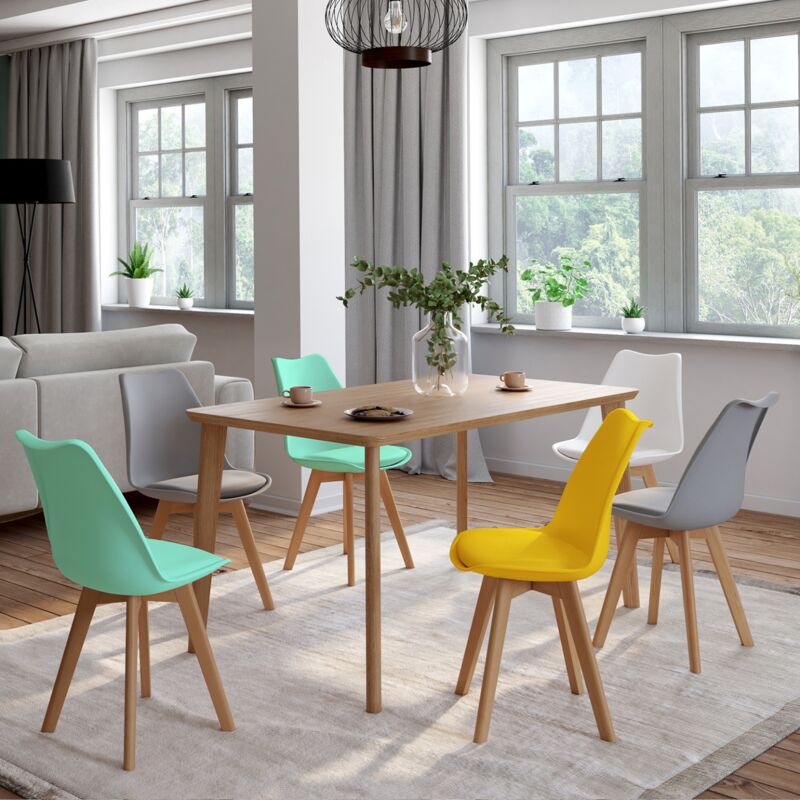 foto del prodotto set di 6 sedie scandinavo giallo pastello, bianco, gris chiaro x2, verde x2 sara