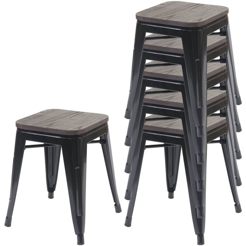 foto del prodotto set di 6 sgabelli bassi, seduta in legno, struttura in metallo nero, design industriale, impilabili 040007800