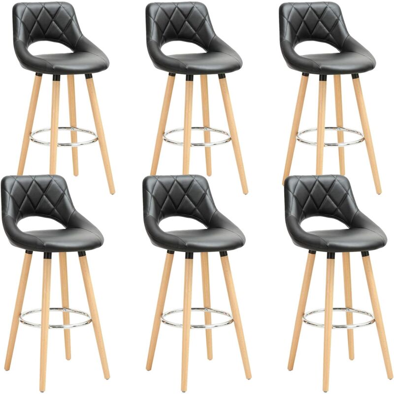 foto del prodotto set di 6 sgabelli da bar, in similpelle e legno massello con schienale e poggiapiedi 43x43x91cm nero woltu