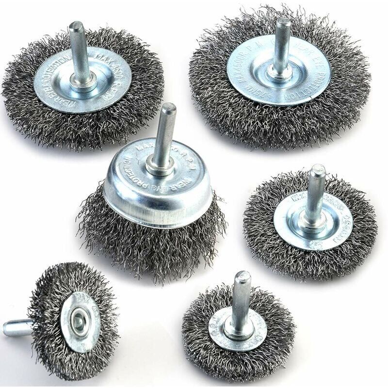 foto del prodotto set di 6 spazzole metalliche per trapano, spazzole metalliche in acciaio al carbonio con foro da 0,012 mm per pulire ruggine, spelatura e abrasivi,