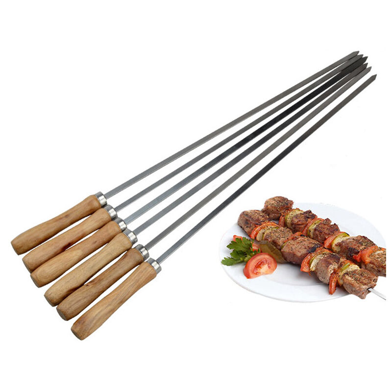 immagine 0 del prodotto set di 6 spiedini piatti in acciaio inox con manico in legno per barbecue 42 cm