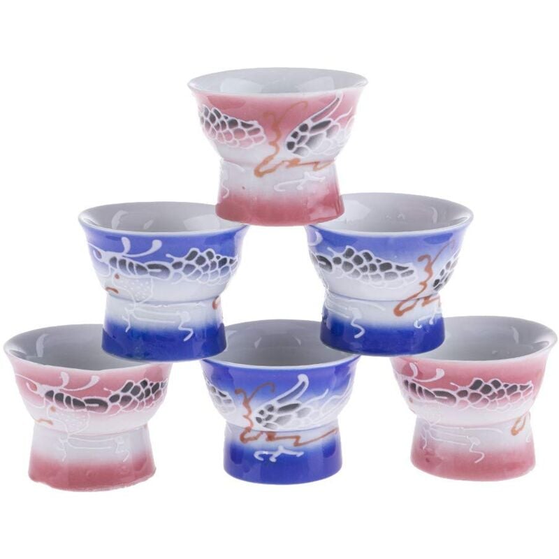 foto del prodotto set di 6 tazze da sak , stile asiatico, motivo immagini erotiche miste, colore blu e rosa