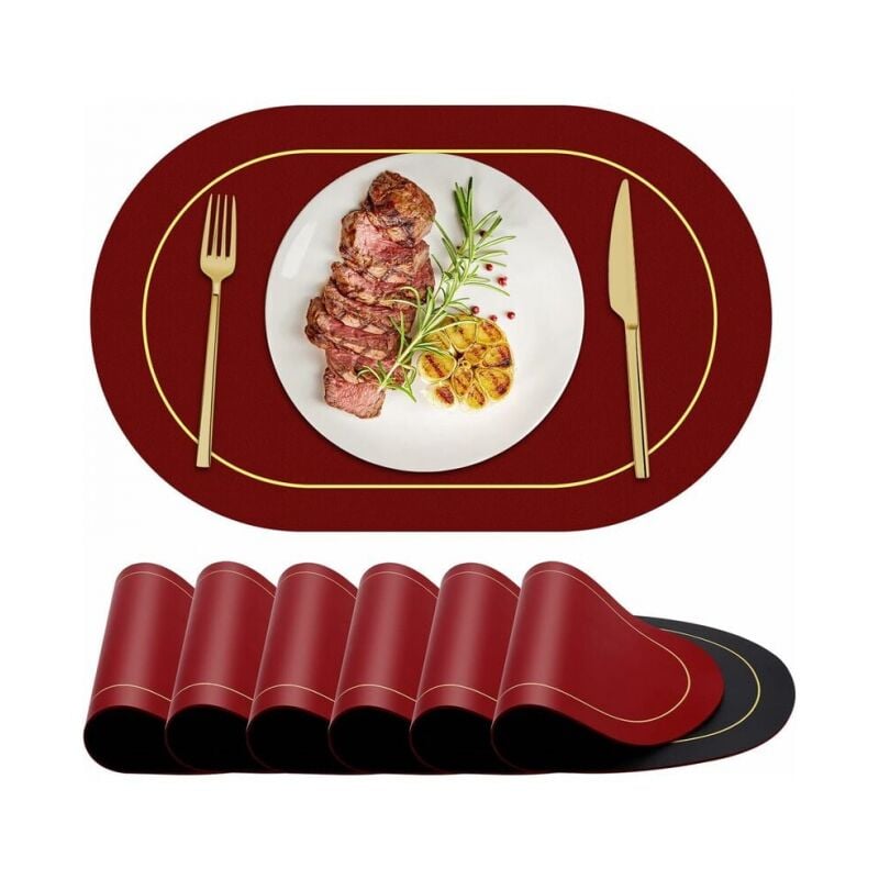foto del prodotto set di 6 tovagliette ovali in pelle lavabile bordeaux, sottobicchieri, decorazione da tavolo