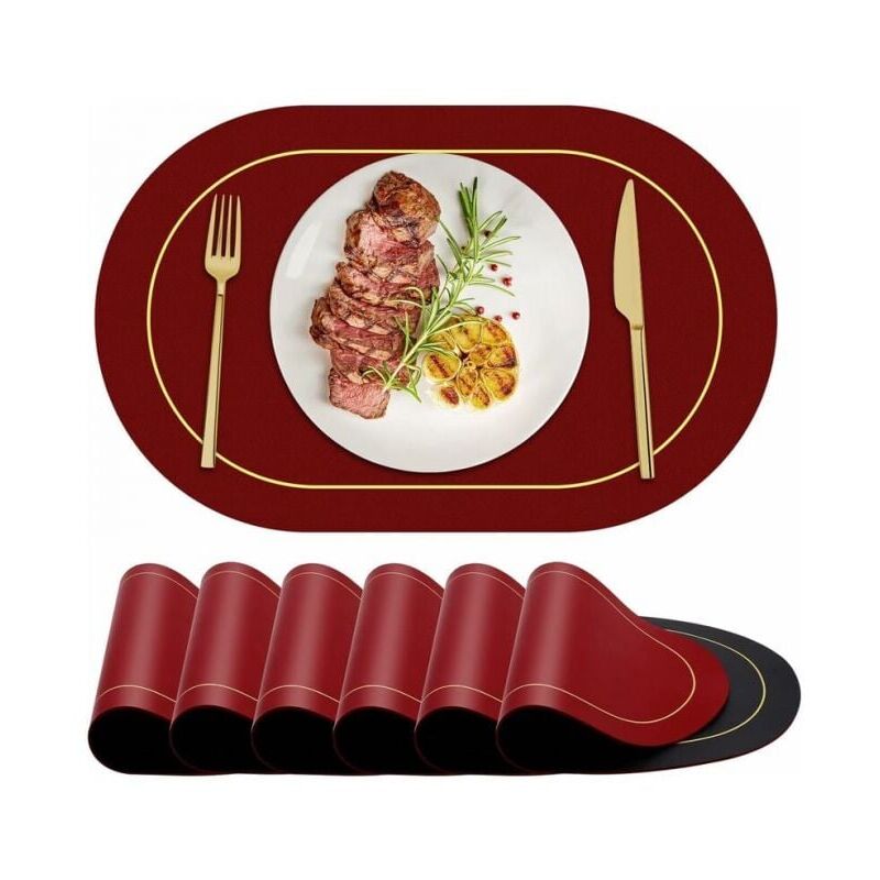 foto del prodotto set di 6 tovagliette ovali in pelle lavabile color bordeaux, sottobicchieri e decorazioni da tavola