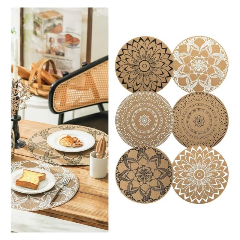 foto del prodotto set di 6 tovagliette rotonde con stampa boh mien, tovagliette intrecciate in pvc, lavabili, resistenti al calore, antiscivolo, per cucina,