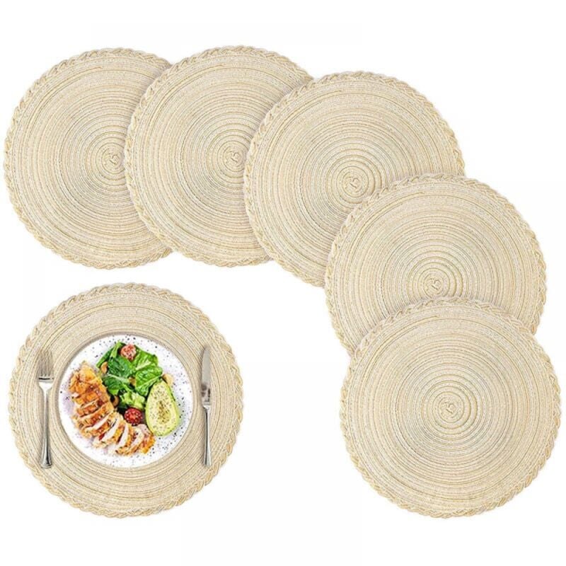 foto del prodotto set di 6 tovagliette rotonde da 38 cm in tessuto, lavabili, antiscivolo, resistenti al calore, con sottobicchieri per uso interno ed esterno