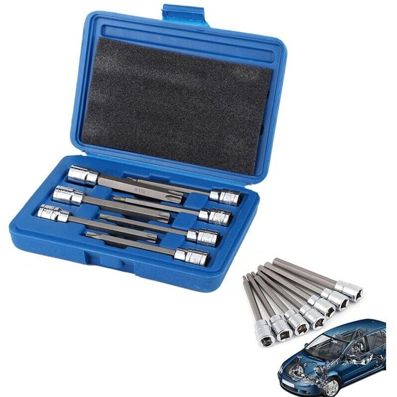 foto del prodotto set di 7 bussole torx lunghe da t25 a t60 110 x 9,5 mm con custodia blu