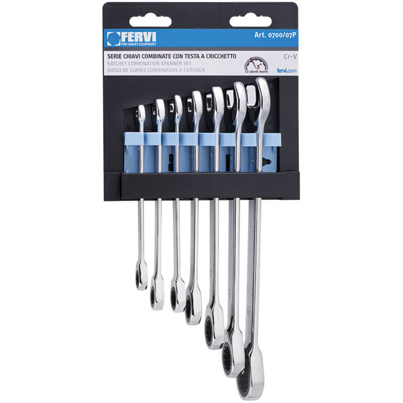 foto del prodotto set di 7 chiavi combinate con testa a cricchetto chrome-vanadium fervi 0700 07p