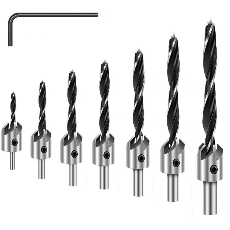 foto del prodotto set di 7 punte da trapano zincate, set di punte da trapano per intaglio del legno a tripla punta con chiave esagonale, trapano in acciaio rapido,