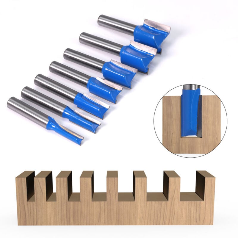 foto del prodotto set di 7 punte per fresatrici dritte in carburo di tungsteno a doppio flauto con gambo da 8 mm, frese per scanalature per la lavorazione del legno