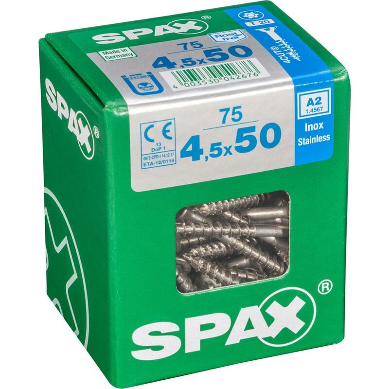 foto del prodotto set di 75 viti spax in acciaio inox testa svasata torx, diam.4,5 mm x l.50 mm spax